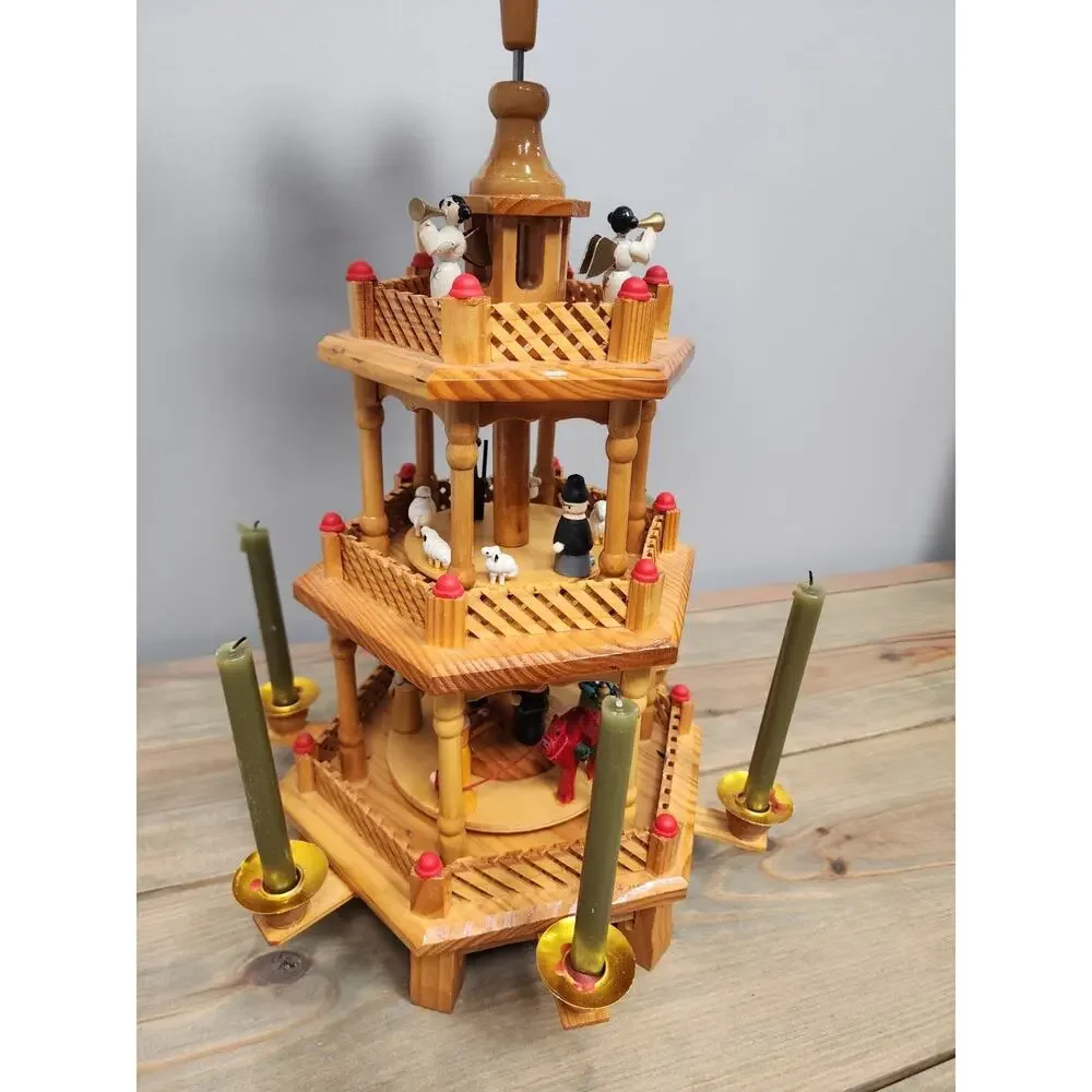 VTG Lillian Vernon 3-Tier Wooden Christmas Windmill Carousel Nativity Pyramid